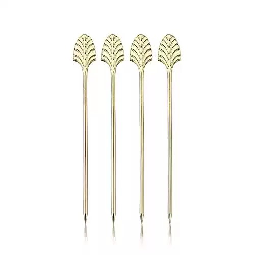 Viski Gold Art Deco Cocktail Picks, Stainless Steel Cocktail Picks for Drinks, Garnish Picks, Cocktail Skewers, Barware Accessories, 5in, Set of 4