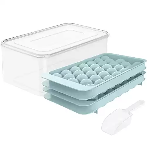 Round Ice Cube Tray with Lid & Bin Ice Ball Maker Mold for Freezer with Container Mini Circle Ice Cube Tray Making 66PCS Sphere Chilling Cocktail Whiskey Tea Coffee 2 Trays 1 ice Bucket & Sc...