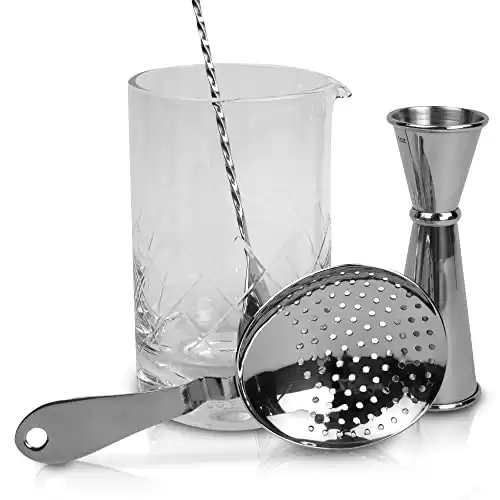 The Art of Craft Professional Bartending Kit for Stirred Drinks: Crystal Mixing Glass, Japanese Jigger, Julep Strainer and Bar Spoon