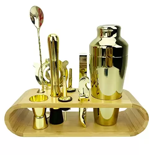 Mixology Cocktail Shaker Set Drink Mixer, 11Piece Bartender Kit Professional Stainless Steel Bar Tool Drink Shakers with Bamboo Stand Bar Accessories - Gold