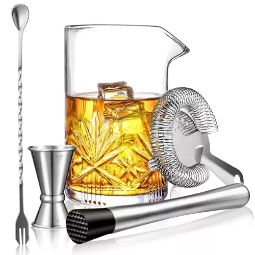 Cocktail Mixing Glass, veecom 18oz Crystal Mixing Glass Bartender Kit, 5 Piece Bar Mixing Glass Old Fashioned Cocktail Kit with Strainer, Muddler, Spoon, Jigger, Cocktail Mixer (5P Mixing Glass)