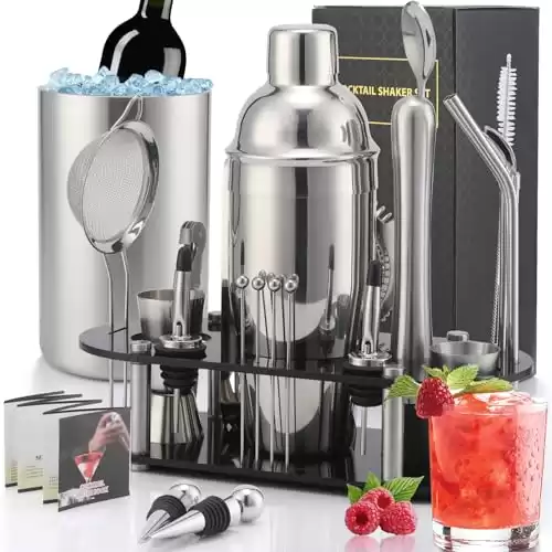 CKductpro Cocktail Shaker Set with Ice Bucket,25 Piece Bar Tool Set with with Acrylic Stand Mixology Bartender Kit Bar Accessories Bartending Kit for Home,Bars Drink Mixing,Party