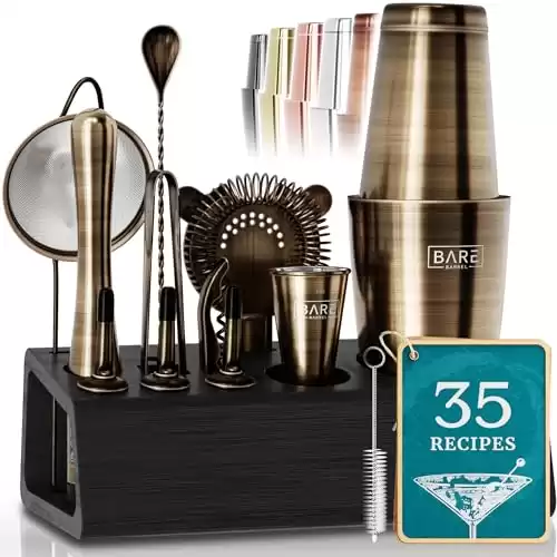 BARE BARREL Pro Mixology Bartender Set Bar Kit | 14-Piece Boston Cocktail Shaker Set | Professional Barware Mixing Tools Home Bartending | Stand & 35 Recipe Cards | Gift Set (Brushed Brass)