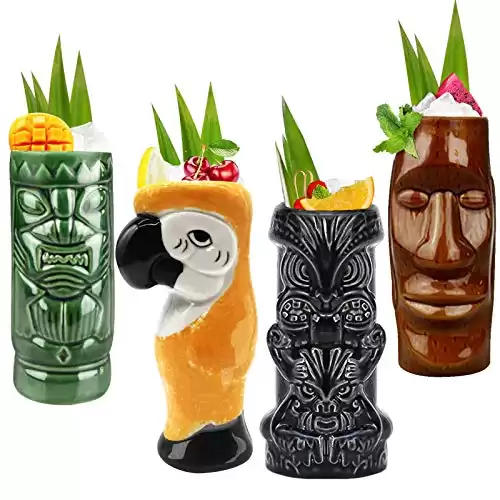 Tiki Mugs Cocktail Set of 4 - Large Tumblers Ceramic Hawaiian Luau Party Mugs Drinkware, Cute Exotic Cocktail Glasses, Tiki Bar Professional Hawaiian Party Barware, TKSET0003 (4PCS)