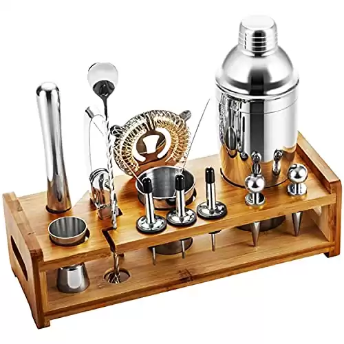 Cocktail Shaker Set, 22-Piece Stainless Steel Bartender Kit with Bamboo Stand, Professional or Amateur Bar Tools for Drink Mixing, Pro Mixology Bartender Kit Bar Set Home, Gift for Dad