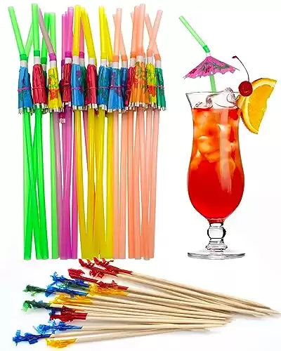 BLUE TOP Cocktail Picks&Umbrella Drink Straws Set-400pcs 4Inch Frill Picks+50pcs 9.5 Inch Drink Straw Umbrella,Cocktail Toothpicks & Straws for Fruit,Appetizers,Club Sandwiches,Drinks.