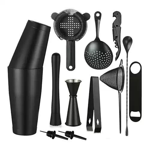 Cocktail Shaker Set - 13-Piece Bar Accessories Kit w/Weighted Boston Shaker, Strainer, Jigger, Muddler,Mixing Spoon and More - Home Bartending Tools, Accessories for Bartender, Matte Black