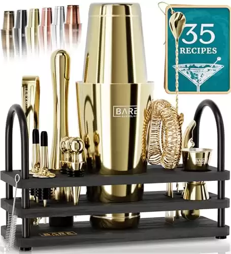 BARE BARREL Pro Mixology Bartender Set Bar Kit | 14-Piece Boston Cocktail Shaker Set | Professional Barware Mixing Tools for Home Bar | Stand & 35 Recipe Cards | Gift Set (Black Gold)