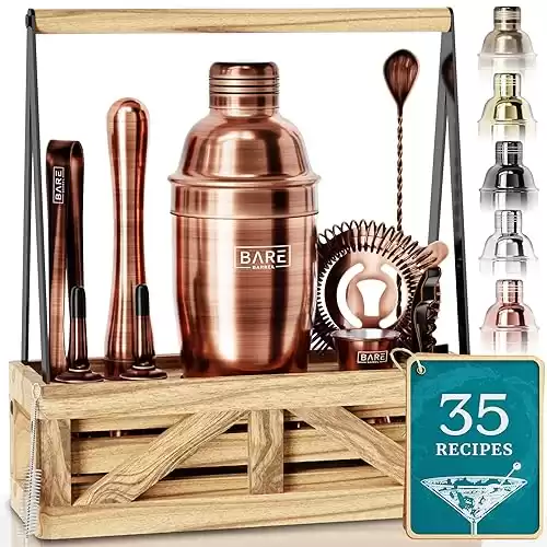 BARE BARREL Mixology Bartender Kit Bar Set | Martini Cocktail Shaker Set | Barware Mixing Tools for Home Bartending | Farmhouse Rustic Portable Caddy & 35 Recipe Cards | Gift Set (Copper)