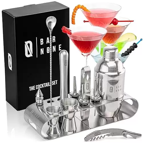 BAR NONE The Cocktail Set | 12-Piece Stand Bar Set Exquisite Quality Bartender Kit Tools | Martini Shaker Jigger Shot Muddler Spoon Ice Tongs Corkscrew Knife Bottle Opener Pourers (Stainless Steel, 1)