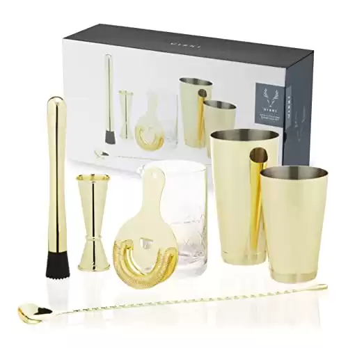 Viski Gold Cocktail Shaker Set - Gold Bar Set for Cocktails - Shaker, Mixing Glass, Barspoon and Bartender Accessories - Stainless Steel Set of 7