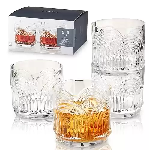 Viski Beau Stemless Lowball Glasses Set of 4 - Vintage Crystal Drinking Glasses for Whiskey, Old Fashioned, Scotch & Bourbon, Art Deco Cocktail Glasses Arch Design, 11oz