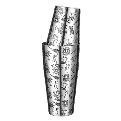 Weighted Boston Shaker Cocktail Shaker Etched with Tiki Imagery (Tiki Graphic)