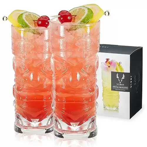 Viski Pacific Tropical Tiki Glasses Set of 2 - Premium Crystal Clear Glass Tumbler, Stylish Tiki Glassware Bar Accessories and Cocktail Glass Gift Set, 14 oz