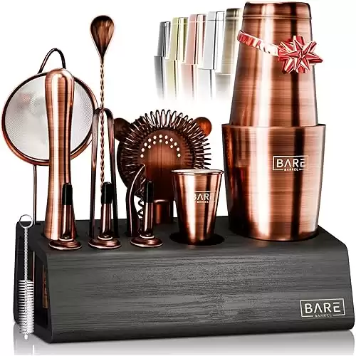 BARE BARREL® Mixology Bartender Kit Bar Set | 14-Piece Cocktail Shaker Set | Martini Barware Mixing Tools for Home Bartending | Incl. 35 Recipe Cards | Gift Set (28oz Boston Shaker, Copper/Black)