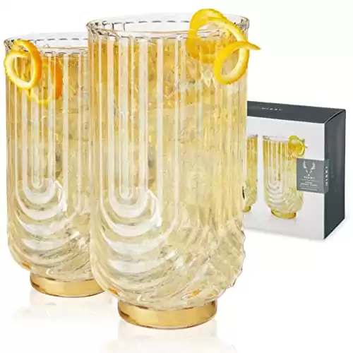 Viski Gatsby Highball Glass, Vintage Cocktail Glasses, Art Deco Drink Tumbler, Glassware Gift Set, Set of 2, 15oz